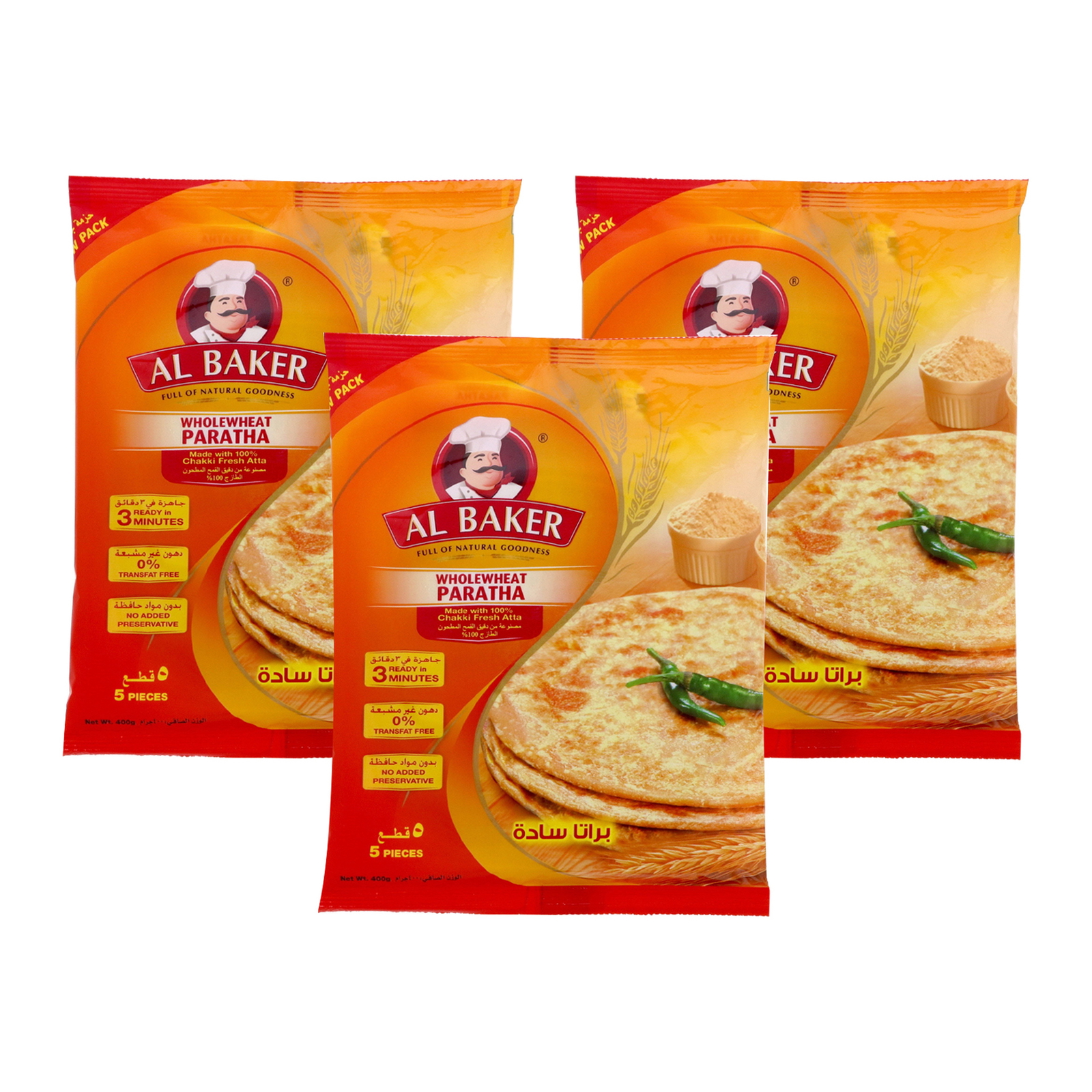 Al Baker Whole Wheat Paratha Value Pack 3 x 400 g